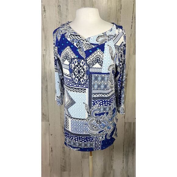 Chico’s Blue Paisley Tunic Top Size 1 M Boho Patchwork 3/4‎ Sleeve Travelers - Picture 2 of 9